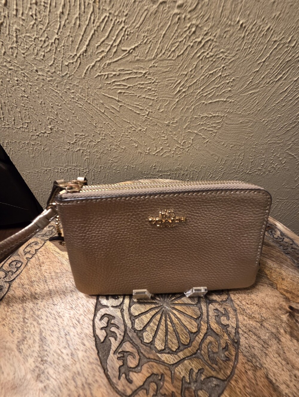Coach Metallic Rose Gold Pebbled Leather Double Zip Wristlet